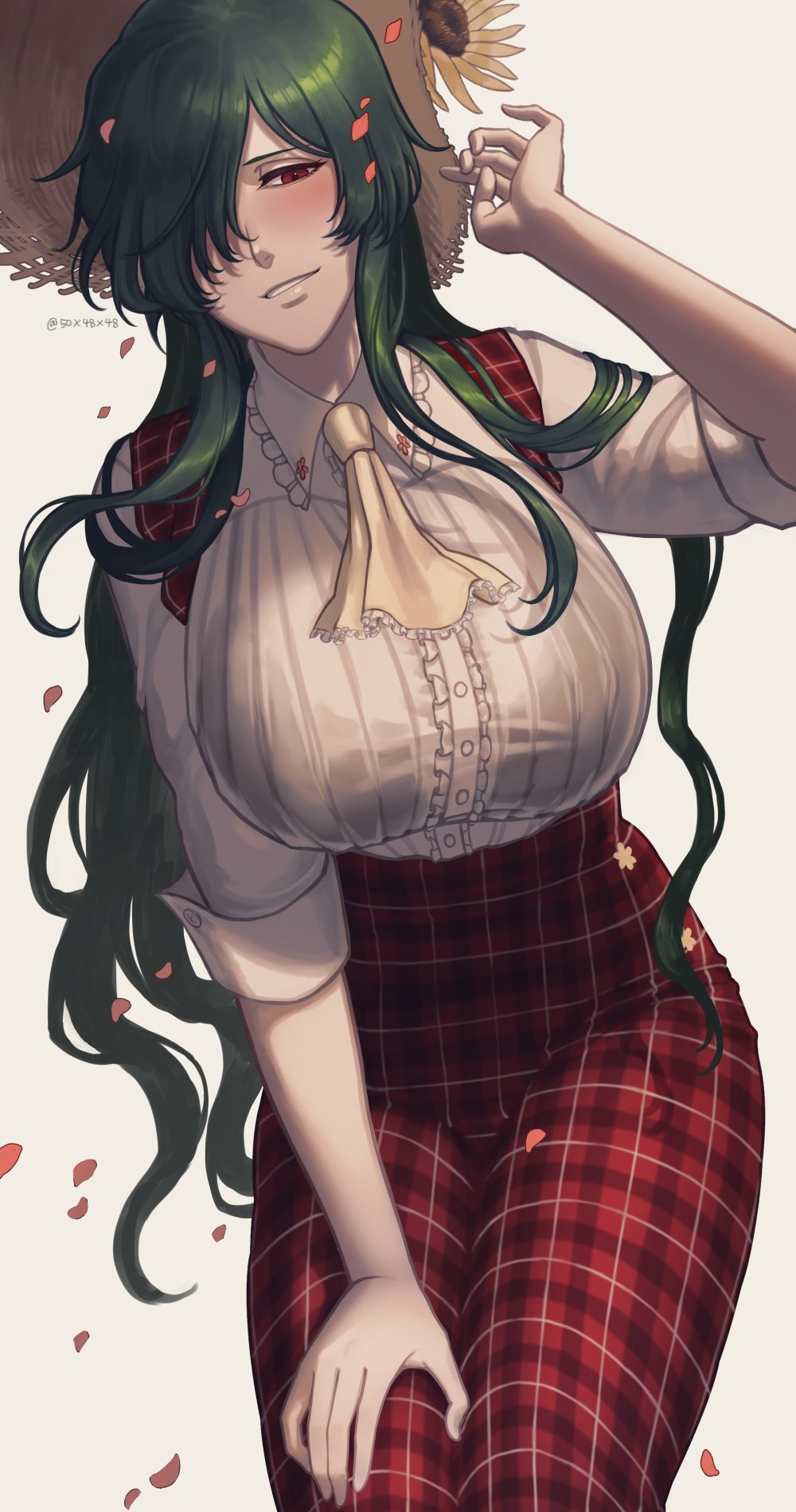 1girl, 50x48x48, ascot, asymmetrical_bangs, breasts, collared_shirt, flower, green_hair, hat, highres, kazami_yuuka, large_breasts, long_hair, long_skirt, long_sleeves, one_eye_covered, plaid, plaid_skirt, plaid_vest, red_eyes, red_skirt, red_vest, shirt, skirt, skirt_set, smile, solo, straw_hat, sunflower, touhou, vest, white_shirt, yellow_ascot