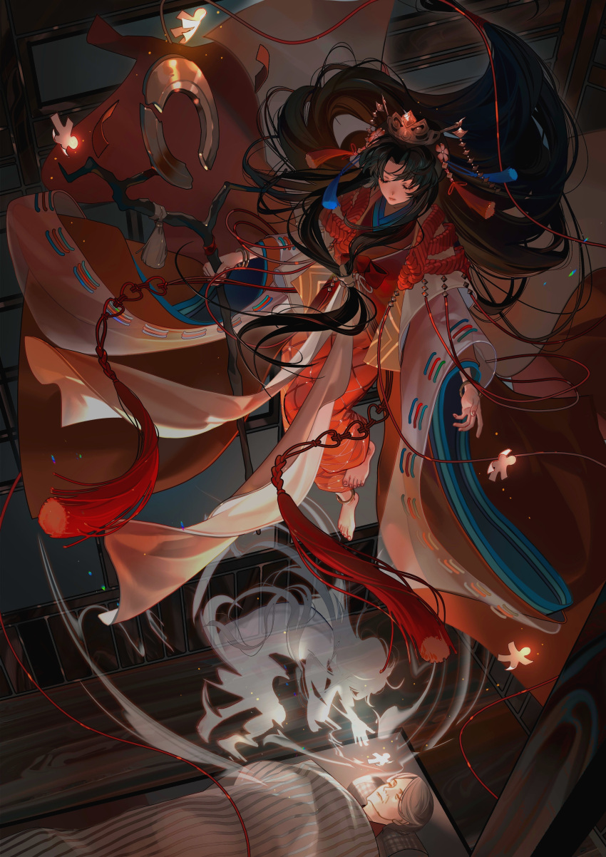 1boy, 1girl, absurdres, anklet, barefoot, black_hair, blanket, character_request