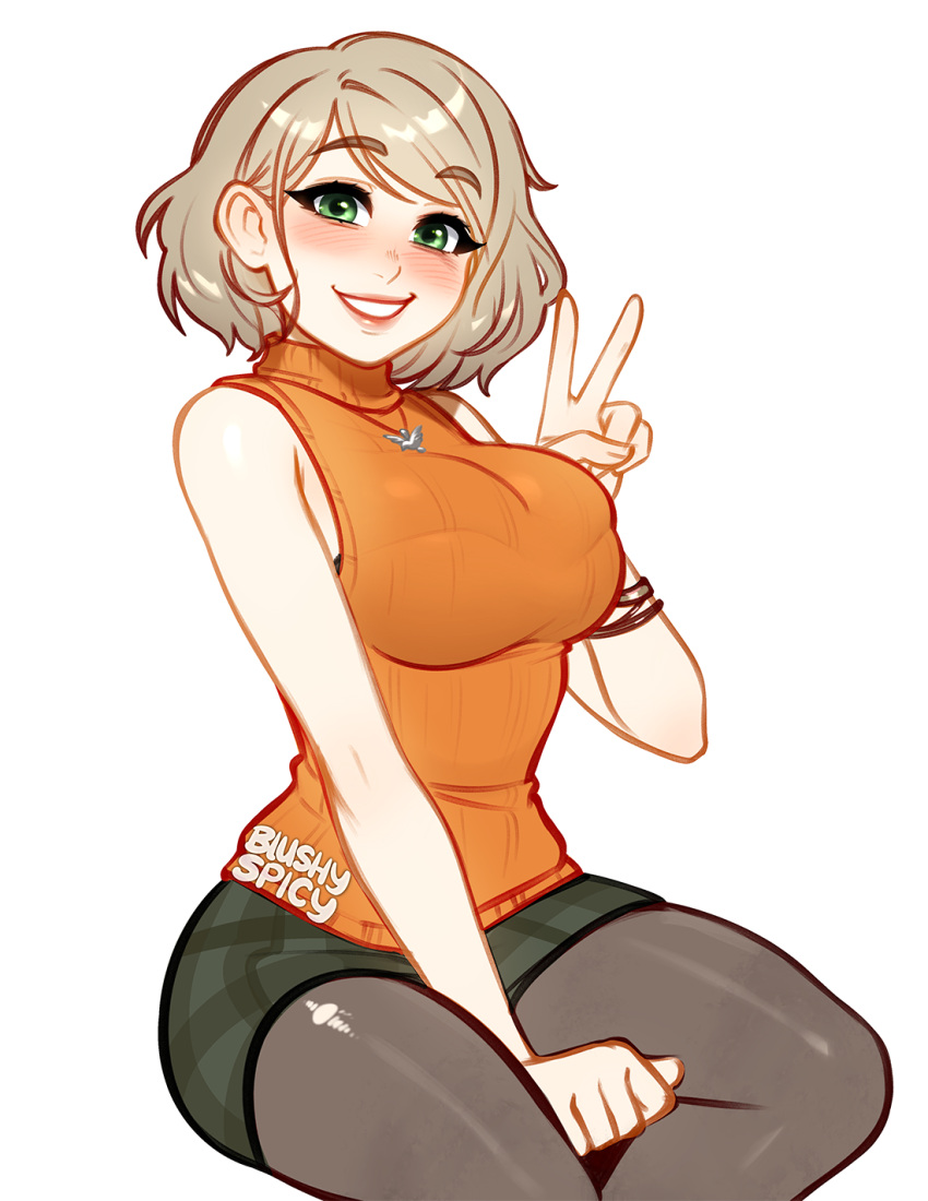 ashley_graham, blonde_hair, blush, blushyspicy, bra_visible_through_clothes, breasts, green_eyes, highres, jewelry, large_breasts, narrow_waist, necklace, pantyhose, resident_evil, resident_evil_4, short_hair, skort, sleeveless, sleeveless_turtleneck, smile, sweater, thighs, turtleneck, v