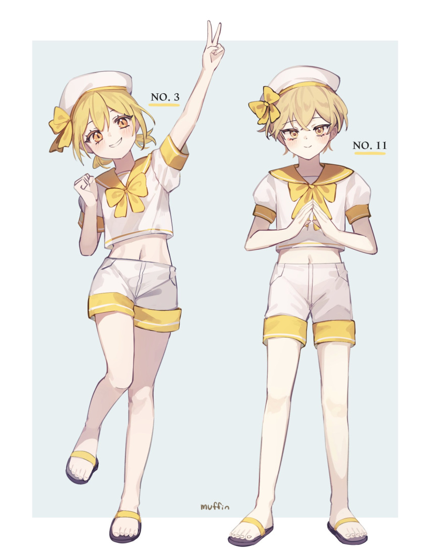 1boy, 1girl, arm_up, blonde_hair, blush, bow, bowtie, closed_mouth, cropped_shirt, don_quixote_(limbus_company), grin, hat, hat_bow, highres, limbus_company, love_mintchoco, matching_outfits, project_moon, sailor_collar, sandals, shirt, short_hair, shorts, sinclair_(limbus_company), smile, standing, standing_on_one_leg, steepled_fingers, v, white_headwear, white_shirt, white_shorts, yellow_bow, yellow_bowtie, yellow_eyes, yellow_sailor_collar