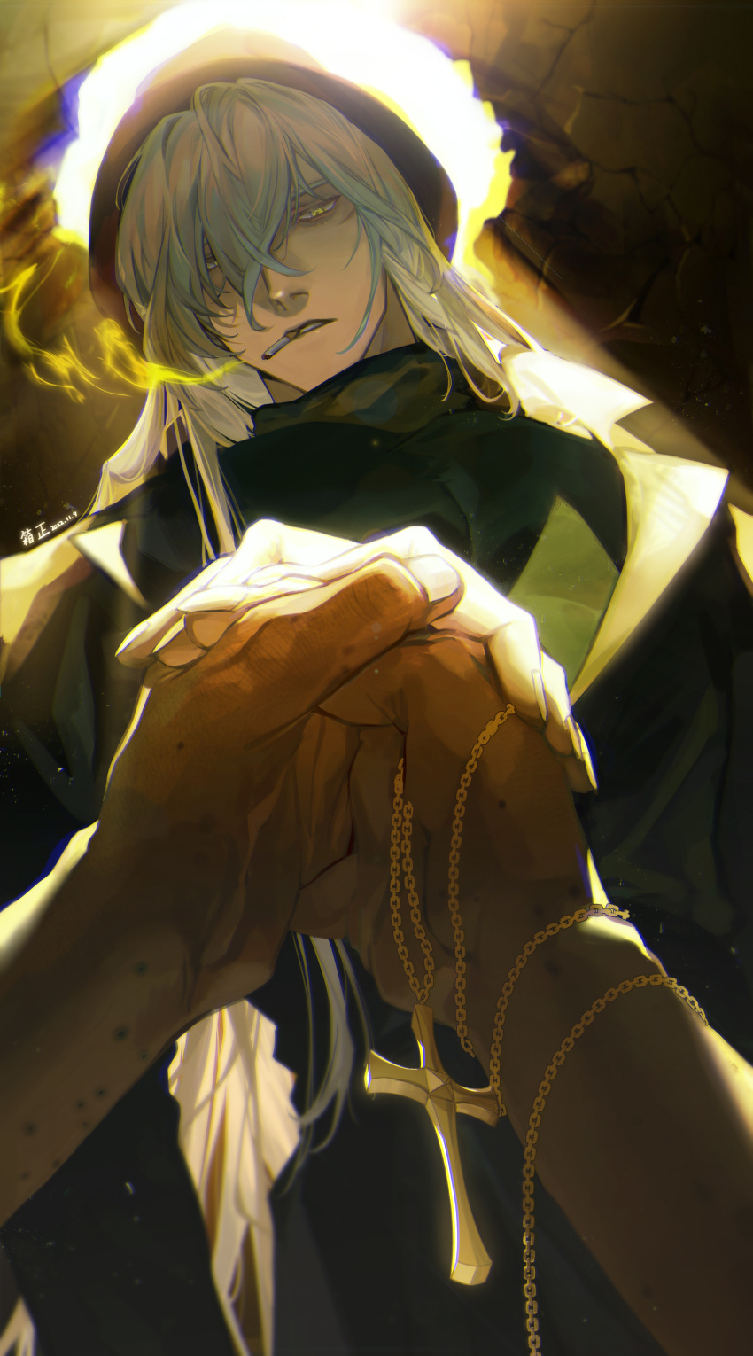 1boy, absurdres, bags_under_eyes, black_coat, black_headwear, black_shirt, blurry, bruise