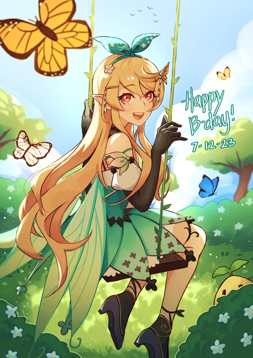 1girl, bird, black_gloves, blonde_hair, blue_sky, bug, butterfly, dadadabibadum