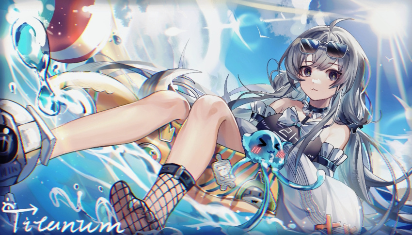 1girl, ahoge, bare_shoulders, black_choker, black_eyes, black_one-piece_swimsuit, choker, detached_sleeves