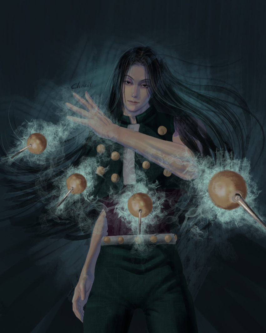 1boy, aura, black_eyes, black_hair, chaeillll, cowboy_shot, green_jacket, highres