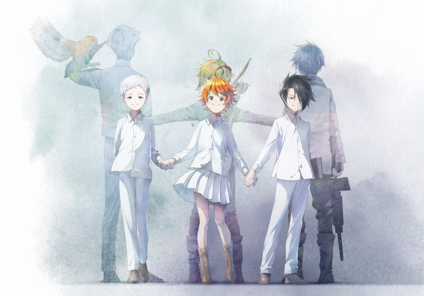1girl, 2boys, ahoge, animal_on_arm, arrow_(projectile), awarin, bird, bird_on_arm