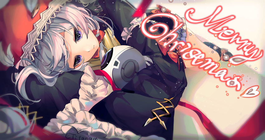 1girl, dress, feathers, frilled_dress, frilled_sleeves, frills, grey_eyes, highres, long_hair, long_sleeves, merry_christmas, no.21:_xxi_(red_hoodie)_(punishing:_gray_raven), non-humanoid_robot, punishing:_gray_raven, red_hood, robot, sleeves_past_fingers, sleeves_past_wrists, twitter_username, yan_bai_tai