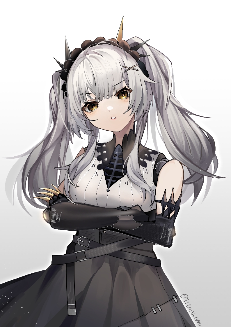 black_skirt, brown_eyes, crossed_arms, doll_joints, grey_hair, hair_ornament, joints, karenina_(punishing:_gray_raven), long_hair, looking_at_viewer, mechanical_arms, open_mouth, punishing:_gray_raven, shirt, sidelocks, skirt, tiara, twintails, twitter_username, white_shirt, x_hair_ornament, yan_bai_tai