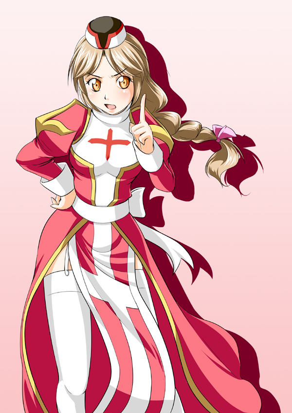 1girl, back_bow, bow, breasts, dress, drop_shadow, floating_hair, garter_straps, gold_trim, gradient_background, hair_ribbon, hand_on_own_hip, hand_up, hat, high_priest_(ragnarok_online), index_finger_raised, juliet_sleeves, kanzuki_yuu, legs_apart, light_brown_hair, long_hair, long_sleeves, medium_breasts, open_mouth, orange_eyes, parted_bangs, pink_ribbon, puffy_sleeves, ragnarok_online, red_dress, ribbon, sash, sleeve_cuffs, solo, standing, thigh-highs, two-tone_dress, v-shaped_eyebrows, white_bow, white_dress, white_sash, white_thighhighs, zettai_ryouiki