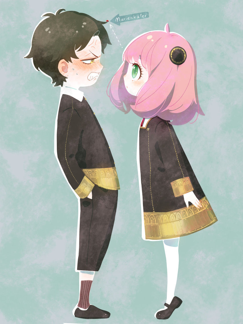 1boy, 1girl, absurdres, anya_(spy_x_family), awarin, black_dress, black_footwear, black_jacket