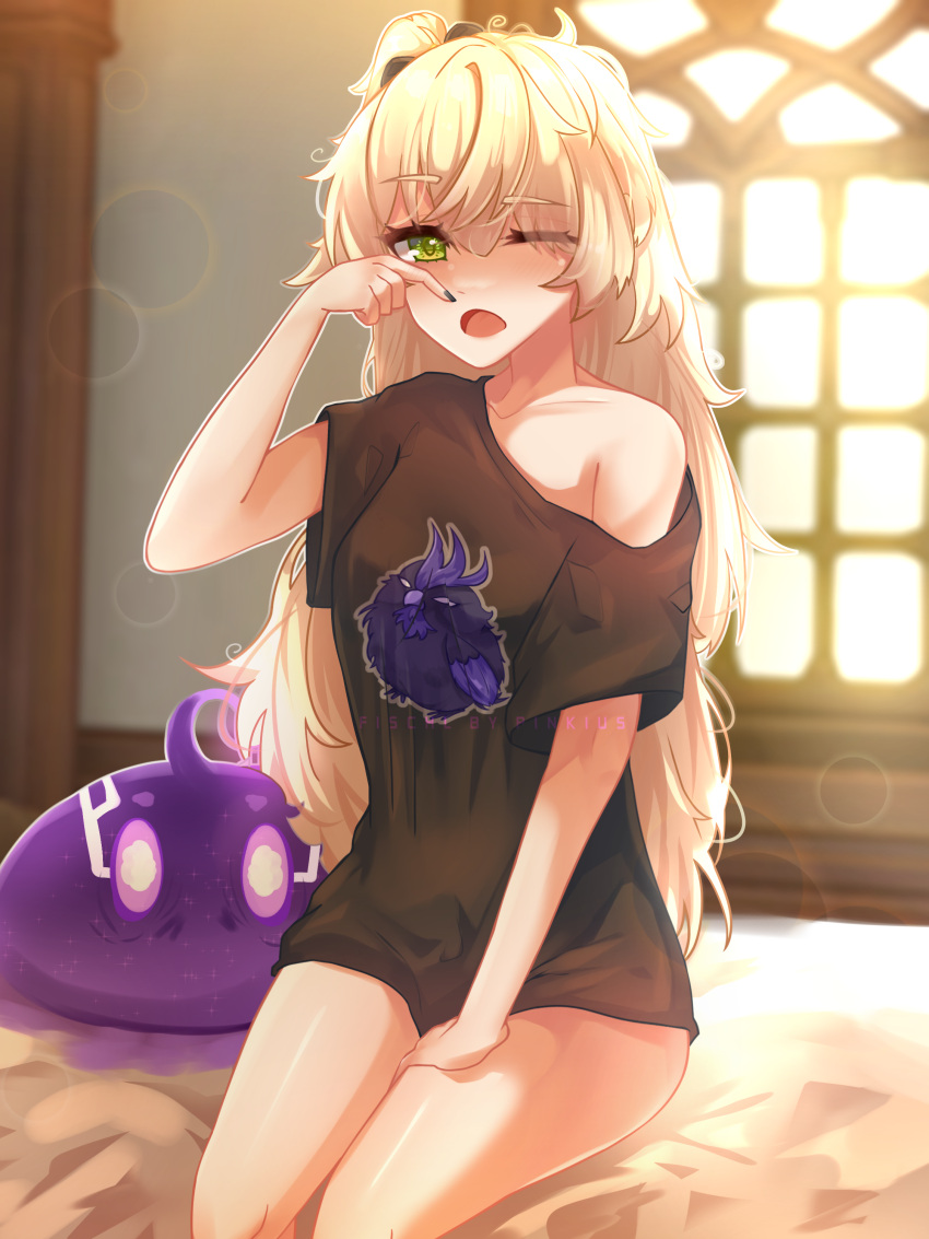 1girl, absurdres, bed, bird, black_ribbon, black_shirt, blonde_hair, blush