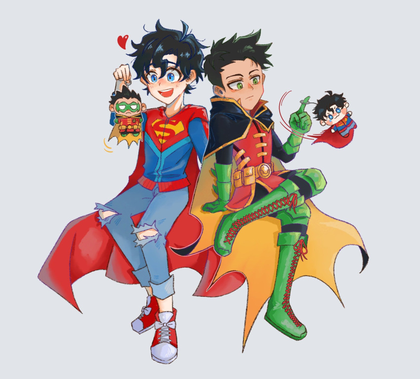 2boys, animification, batman_(series), belt, black_hair, blue_eyes, boots, cape