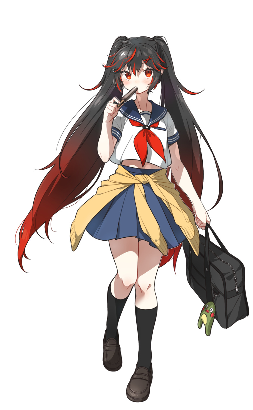 123ab456c, 1girl, absurdres, black_bag, black_footwear, black_hair, blue_sailor_collar, blue_skirt, clothes_around_waist, food, food_in_mouth, gradient_hair, hair_between_eyes, hair_ornament, highres, long_hair, lucia_(punishing:_gray_raven), multicolored_hair, neckerchief, pleated_skirt, popsicle, punishing:_gray_raven, red_eyes, red_neckerchief, redhead, sailor_collar, school_uniform, serafuku, shirt, short_sleeves, sidelocks, skirt, socks, streaked_hair, stuffed_toy, sweatdrop, sweater, sweater_around_waist, twintails, very_long_hair, white_background, white_shirt, x_hair_ornament, yellow_sweater