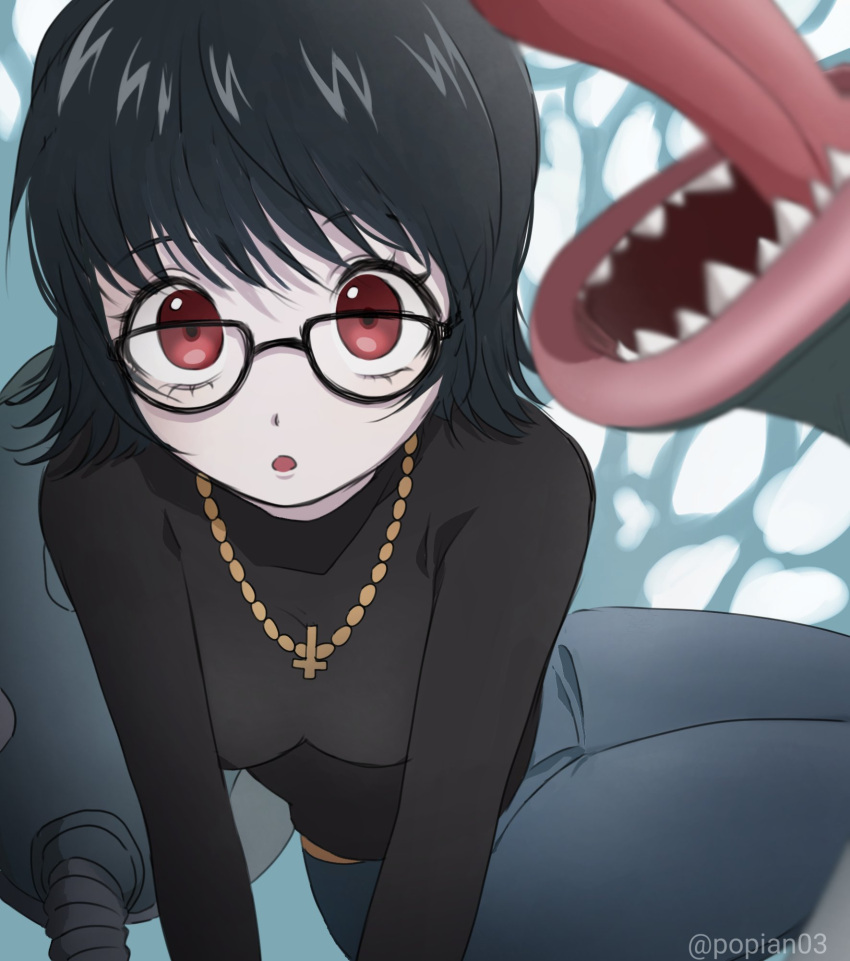 1girl, artist_name, black-framed_eyewear, black_hair, black_sweater, cross, cross_necklace, denim