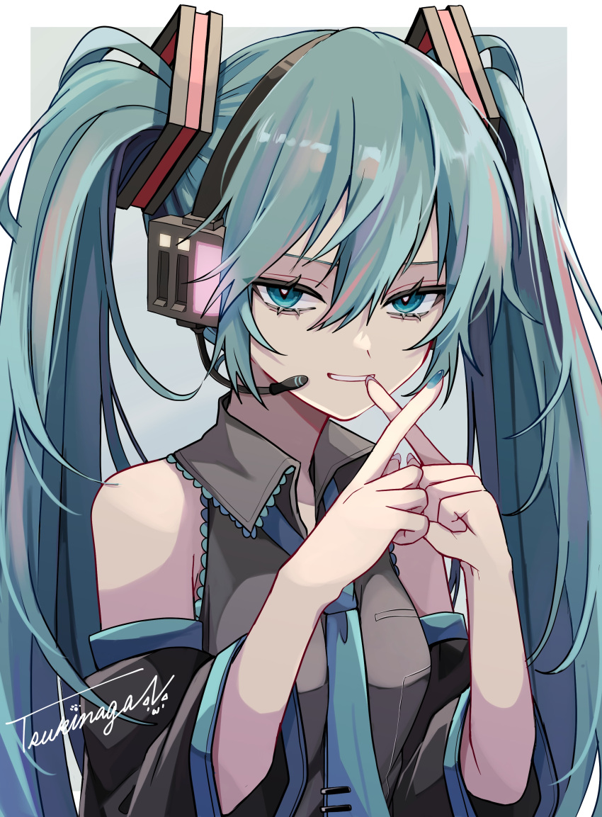 1girl, absurdres, aqua_eyes, aqua_hair, aqua_nails, aqua_necktie, bare_shoulders, black_shirt