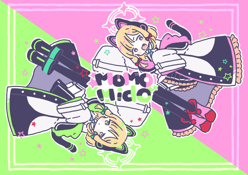 2girls, animal_ear_headphones, animal_ears, aqua_necktie, arm_up, black_coat, black_footwear, black_skirt