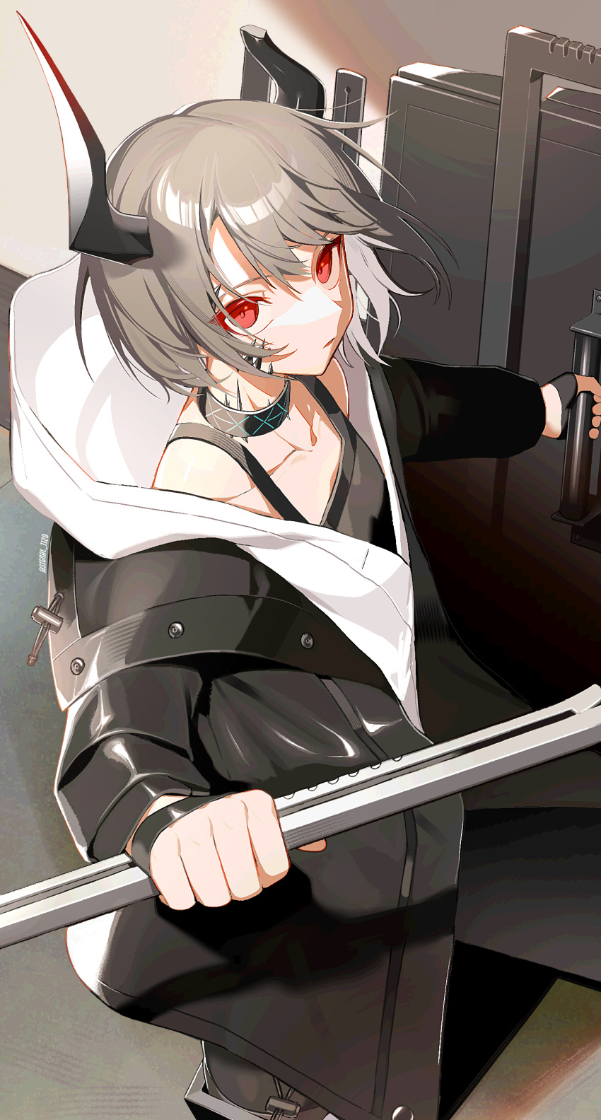 1girl, absurdres, arknights, artist_name, black_camisole, black_jacket, broken_horn, camisole