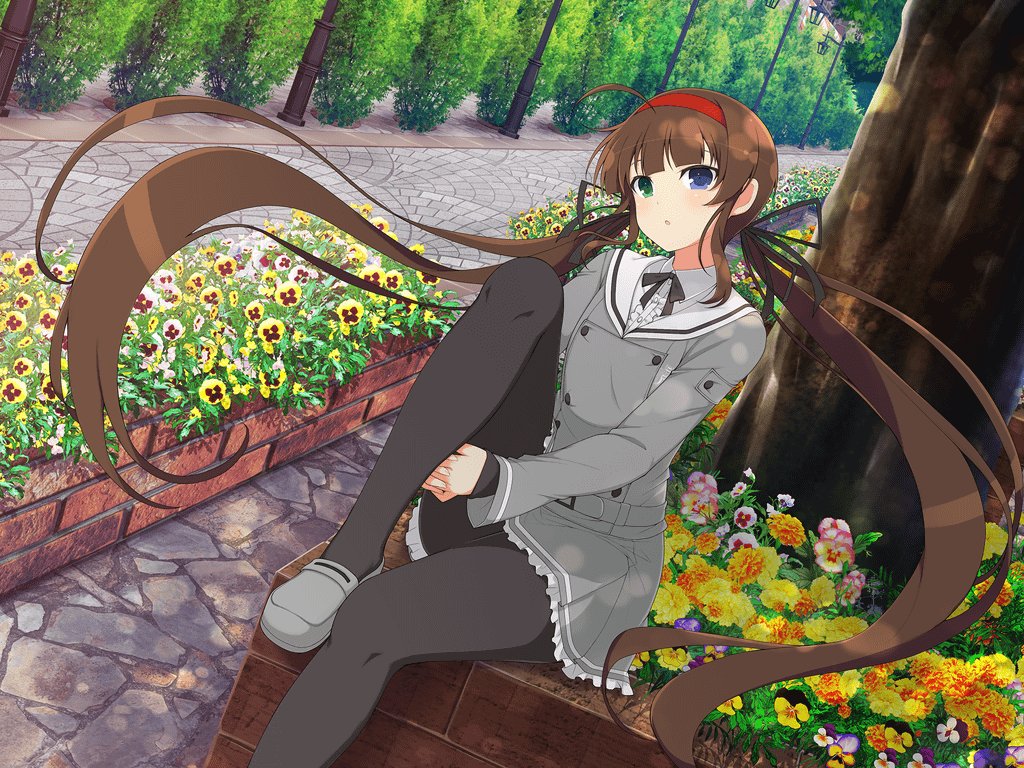 1girl, :o, ahoge, arm_around_leg, black_bow, black_pantyhose, black_ribbon, blue_eyes