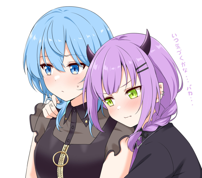 2girls, :t, black_dress, black_shirt, blue_eyes, blush, braid, cheek_press