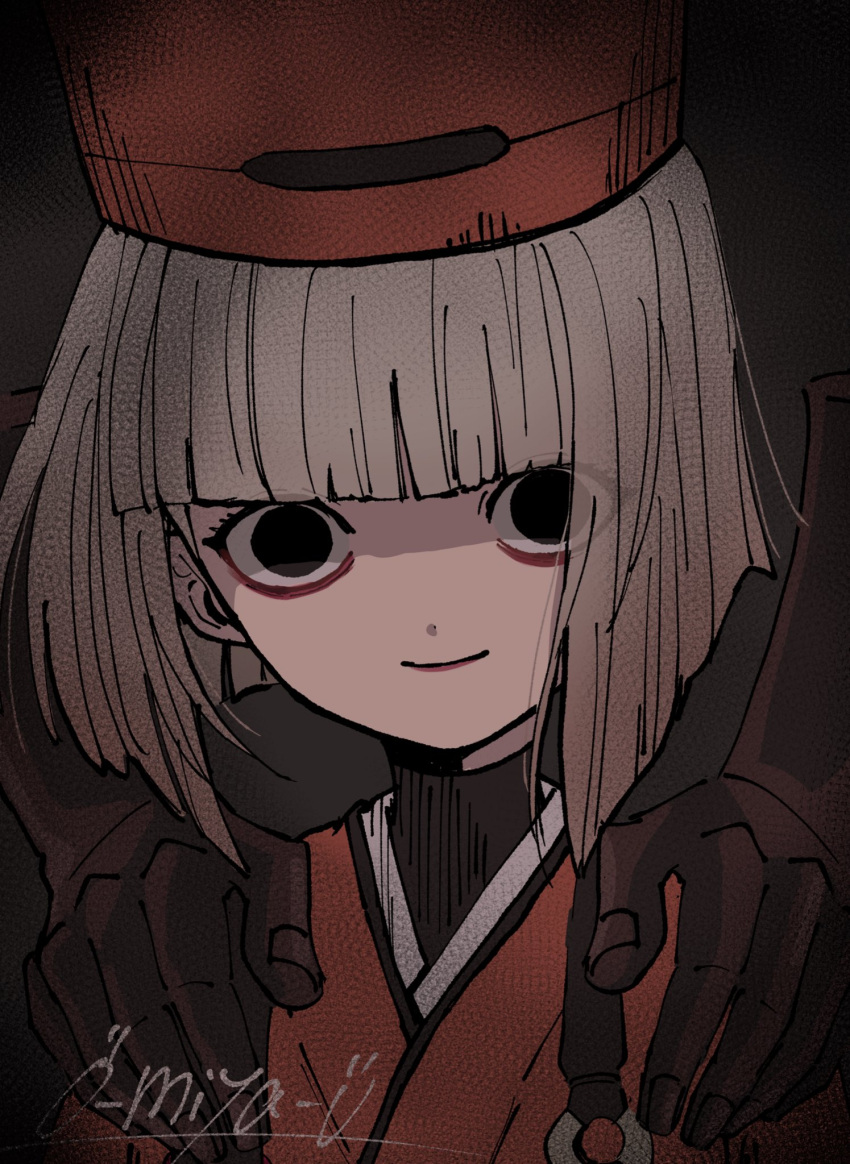 1girl, black_background, black_eyes, black_undershirt, blunt_bangs, blunt_ends, bob_cut, chajinbou