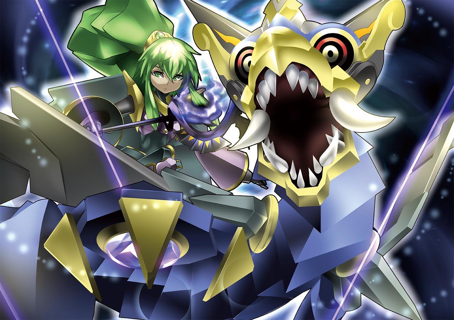1girl, breasts, doll_joints, dragon, duel_monster, el_shaddoll_winda, green_eyes, green_hair