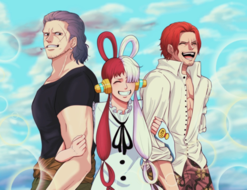 0253cm, 1girl, 2boys, asymmetrical_hair, benn_beckman, bubble, character_name, cigarette, closed_eyes, day, facial_hair, father_and_daughter, grey_hair, hair_over_one_eye, hair_ribbon, hair_rings, headphones, long_hair, long_sleeves, medium_hair, multicolored_hair, multiple_boys, neck_ribbon, one_eye_covered, one_piece, one_piece_film:_red, open_mouth, outdoors, redhead, ribbon, scar, scar_on_face, shanks_(one_piece), short_hair, sky, smile, streaked_hair, teeth, twintails, two-tone_hair, uta_(one_piece), white_hair