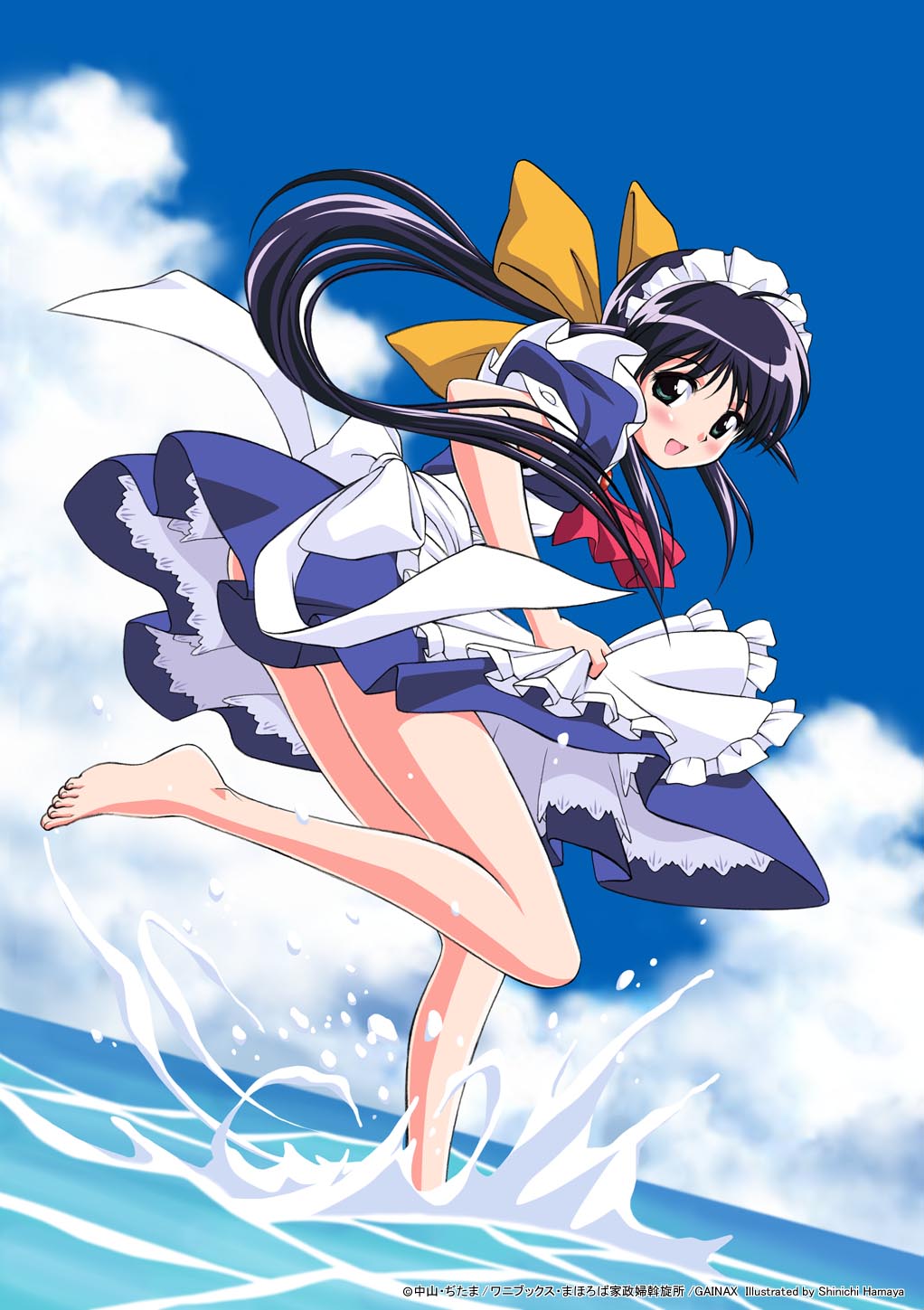 barefoot, blush, bow, dutch_angle, feet, green_eyes, hair_bow, hamaya_shin'ichi