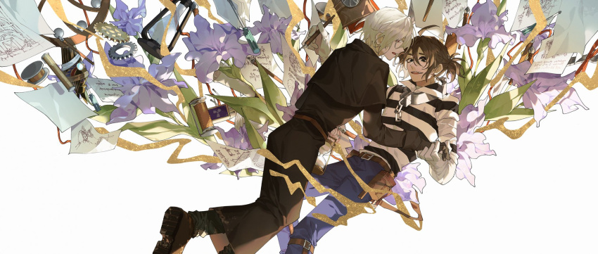 2boys, ahoge, andrew_kreiss, bandaged_arm, bandages, belt, belt_pouch, black_capelet