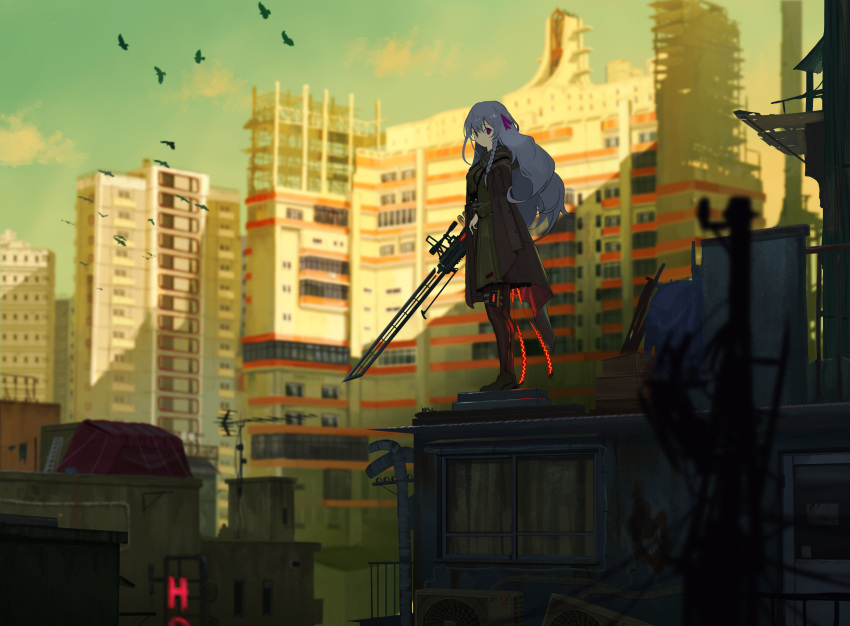 1girl, blurry, blurry_foreground, braided_sidelock, concept_art, felicette_(marfusha), full_body, grey_hair