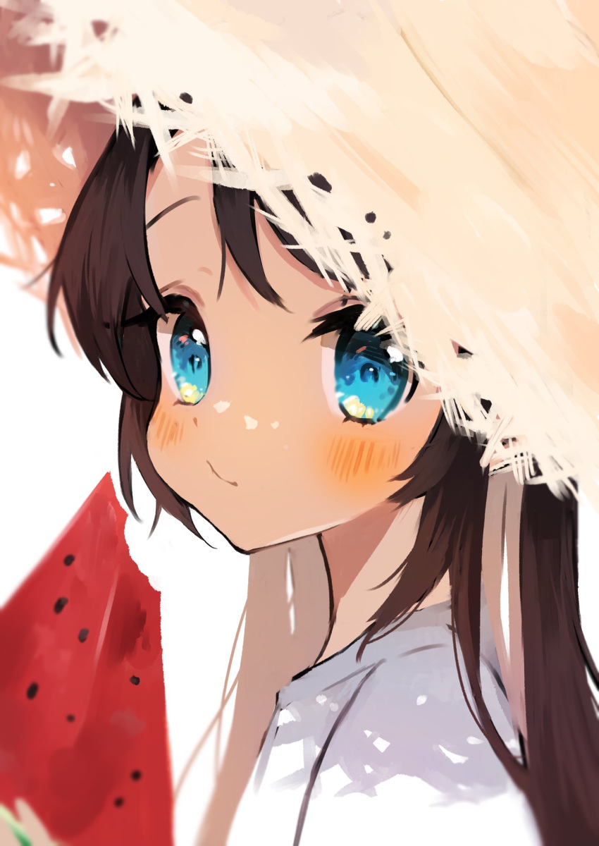 1girl, blue_eyes, blush, close-up, commentary_request, eating, food, fruit