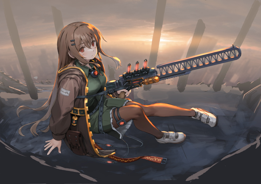 1girl, assault_rifle, blush, breasts, expressionless, gun, holding, holding_weapon