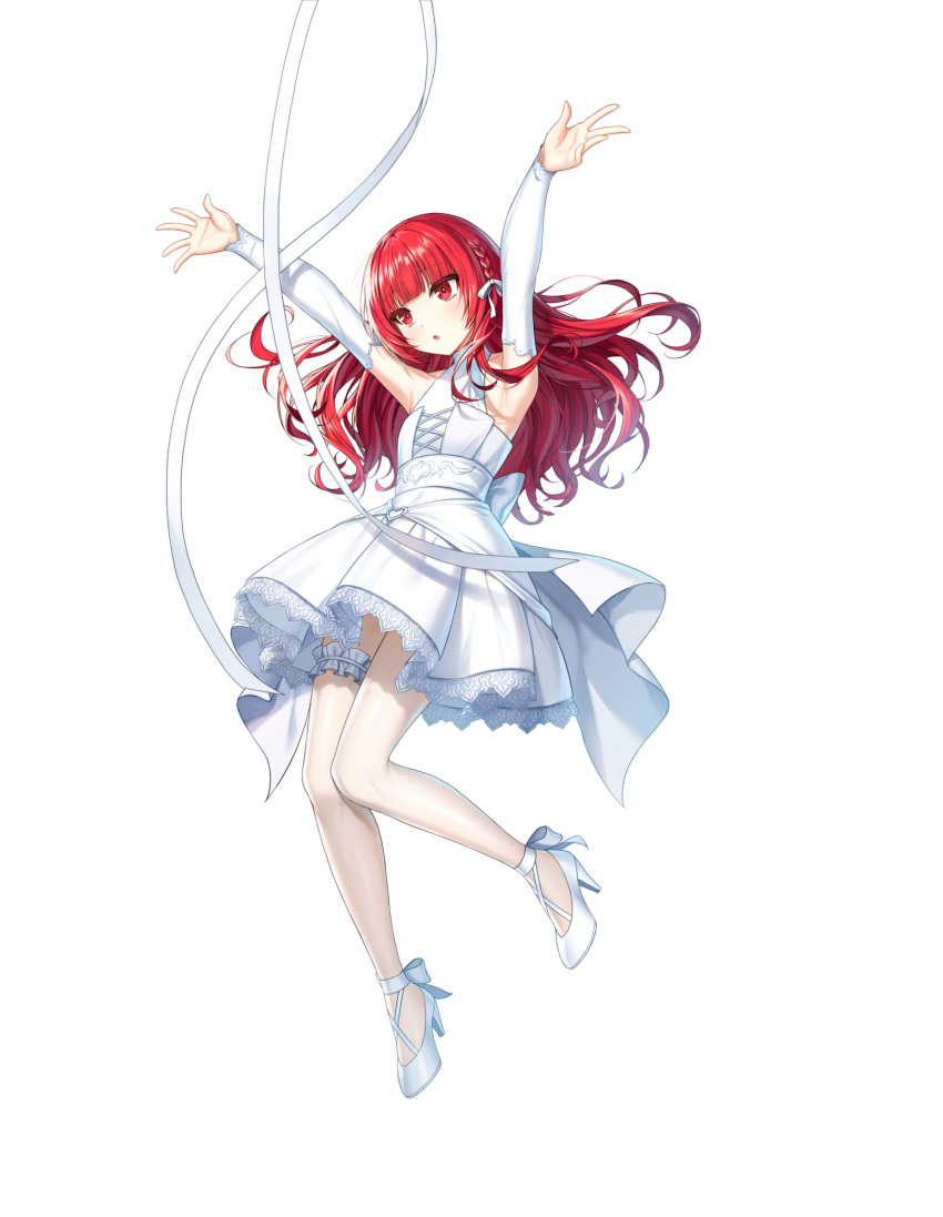 1girl, :o, ankle_bow, armpits, arms_up, back_bow, bare_shoulders, blunt_bangs