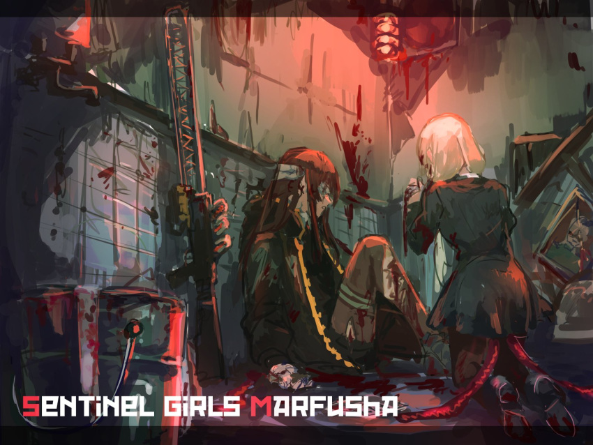 2girls, against_wall, applying_bandages, assault_rifle, bandage_over_one_eye, bandaid, bandaid_on_face, blonde_hair