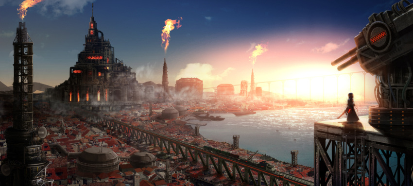 1girl, cityscape, concept_art, full_body, gun, hin'yari_(kakukuru), holding, holding_weapon