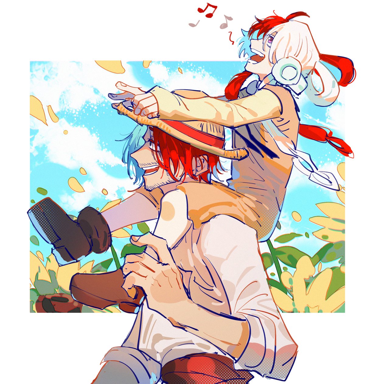 1boy, 1girl, aged_down, border, brown_footwear, brown_romper, carrying, clouds, cloudy_sky, colored_eyelashes, father_and_daughter, flower, hair_rings, hat, headphones, highres, kesu0816, long_hair, multicolored_hair, musical_note, one_piece, one_piece_film:_red, open_mouth, outside_border, petals, red_eyes, redhead, romper, shanks_(one_piece), shirt, shoes, short_hair, shoulder_carry, sky, split-color_hair, sun_hat, sunflower, two-tone_hair, uta_(one_piece), white_border, white_hair, white_shirt, yellow_flower