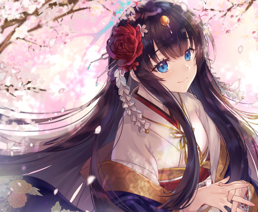 1girl, blue_eyes, branch, brown_hair, cherry_blossoms, commentary, counter:side, falling_petals