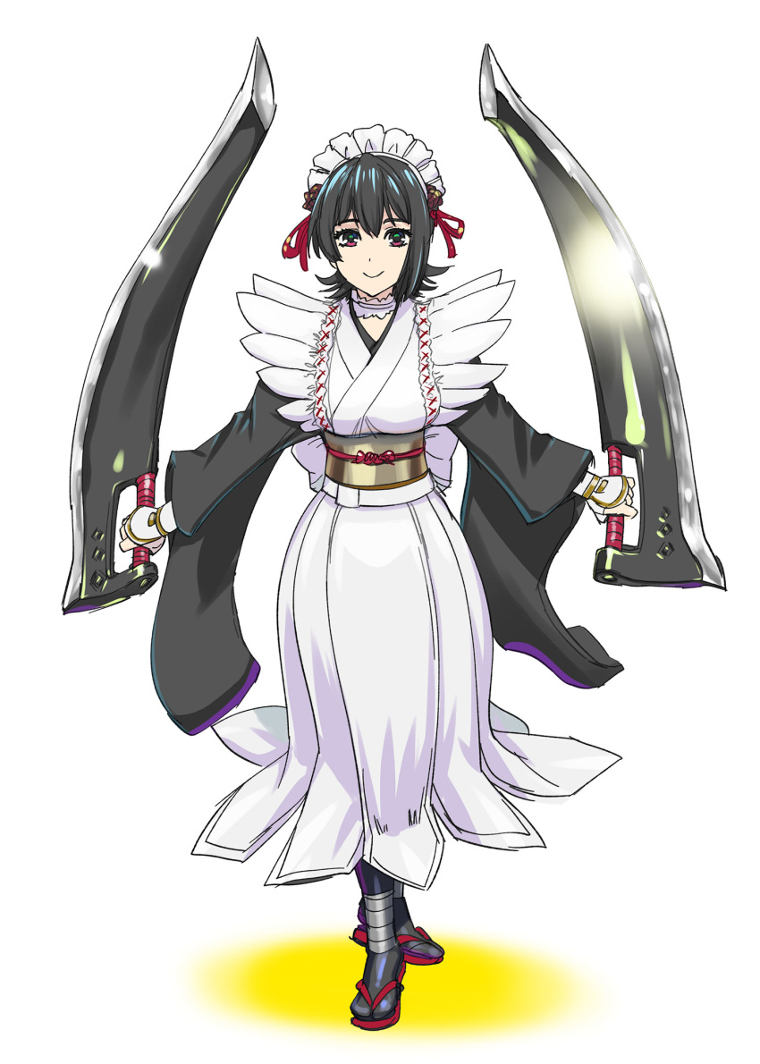 1girl, apron, arm_guards, black_hair, black_kimono, black_socks, butterfly_swords, closed_mouth