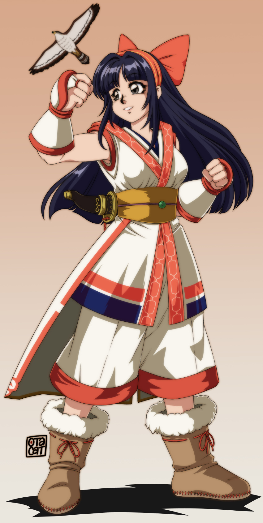 0tacat, 1girl, absurdres, ainu_clothes, arm_guards, bird, black_hair, boots