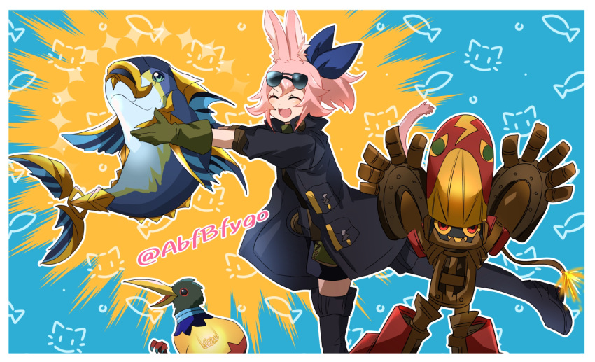 1girl, abfbfygo, animal, animal_ears, arms_up, bird, boots, cat_ears