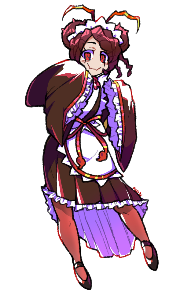 1girl, antennae, apron, arthropod_girl, artist_name, black_footwear, blushily, brown_kimono