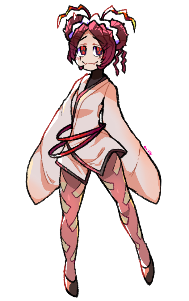 1girl, antennae, arthropod_girl, artist_name, black_footwear, blushily, brown_pantyhose, closed_mouth, commentary, commission, double_bun, english_commentary, entoma_vasilissa_zeta, extra_pupils, fangs, full_body, hair_bun, japanese_clothes, kimono, light_blush, looking_to_the_side, maid_headdress, mary_janes, official_alternate_costume, ofuda, ofuda_on_clothes, overlord_(maruyama), pantyhose, purple_hair, red_eyes, shoes, short_hair, simple_background, skin_fangs, sleeves_past_wrists, smile, solo, swimsuit, white_background
