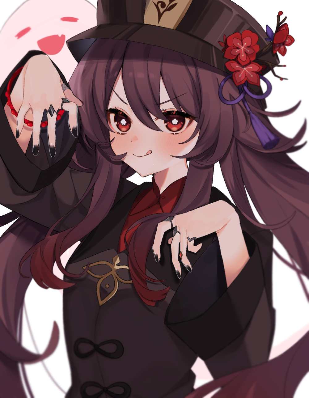 1girl, :q, bead_bracelet, beads, black_nails, boo_tao_(genshin_impact), bracelet, bright_pupils
