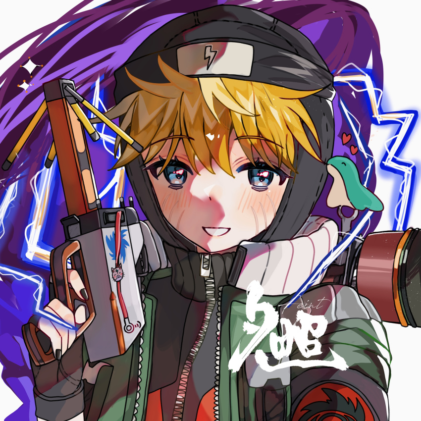 1girl, animification, apex_legends, black_nails, blonde_hair, blush, chinese_commentary, green_jacket, hair_between_eyes, heart, highres, holding, jacket, lightning, lightning_bolt_symbol, lightning_spirit_wattson, looking_at_viewer, nessie_(respawn), official_alternate_costume, parted_lips, portrait, roastfish, smile, solo, wattson_(apex_legends)