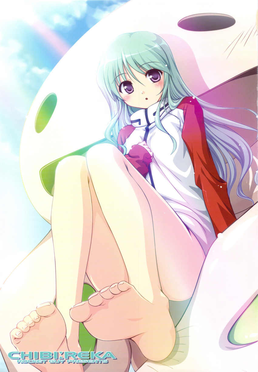 alternate_costume, alternate_hairstyle, aqua_hair, barefoot, bekkankou, blush, bottomless, convenient_leg