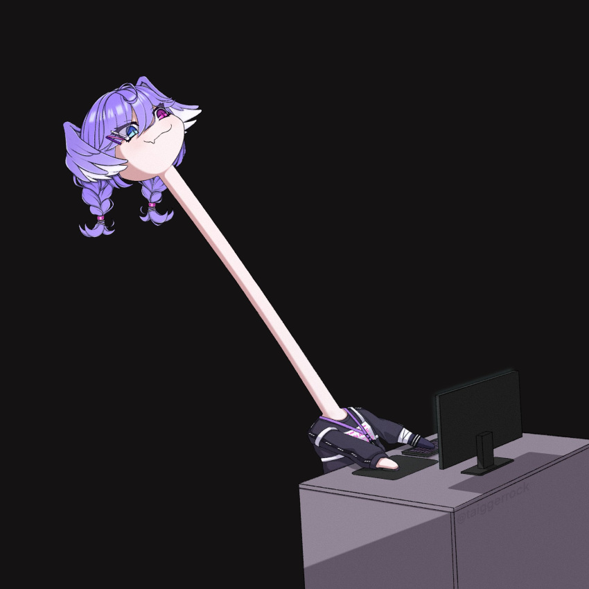 1girl, ahoge, black_background, blue_eyes, braid, coco_(taiggerrock), commentary, desk, english_commentary, fang, hair_between_eyes, head_wings, heterochromia, highres, keyboard_(computer), lanyard, long_neck, long_neck_reaction_guy_(meme), long_sleeves, looking_at_screen, meme, monitor, nijisanji, nijisanji_en, purple_hair, selen_tatsuki, simple_background, skin_fang, slit_pupils, solo, twin_braids, violet_eyes, virtual_youtuber, wings