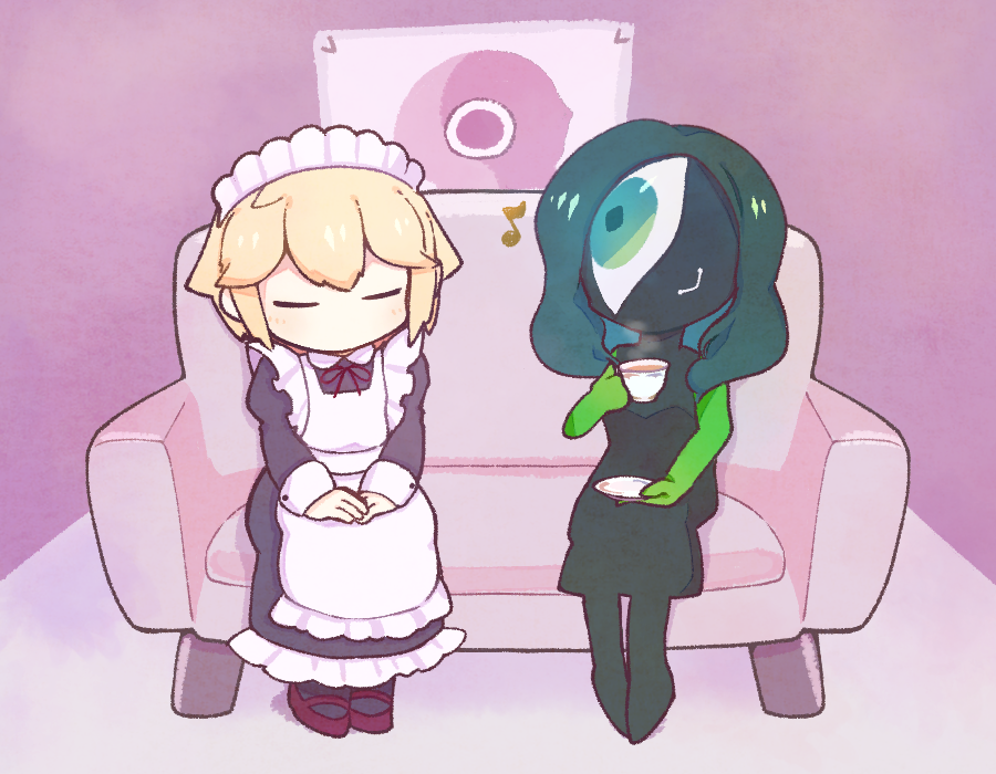 2girls, alternate_costume, apron, black_dress, black_pantyhose, black_skin, blonde_hair, closed_mouth