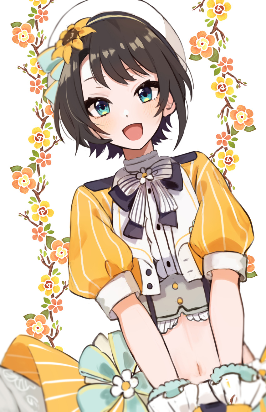 1girl, :d, absurdres, beret, black_hair, blue_eyes, blush, commentary_request, crop_top, dutch_angle, floral_background, flower, hair_flower, hair_ornament, hat, highres, hololive, looking_at_viewer, mashiro_io, navel, oozora_subaru, oozora_subaru_(6th_costume), smile, solo, stomach, sunflower_hair_ornament, virtual_youtuber, white_background