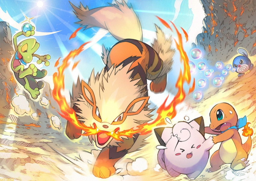 arcanine, blue_sky, bubble_beam_(pokemon), charmander, clefairy, closed_eyes, fire, fushigi_no_dungeon, jumping, no_humans, official_art, open_mouth, outdoors, pokemon, pokemon_(creature), pokemon_(game), pokemon_mystery_dungeon, poliwag, sky, treecko
