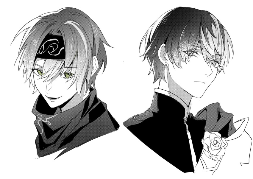 2boys, aoyagi_touya, closed_mouth, colorful_festival_(project_sekai), commentary, earrings, flower, hair_between_eyes, headband, hoop_earrings, jewelry, looking_at_viewer, lower_teeth_only, male_focus, monochrome, multicolored_hair, multiple_boys, never_give_up_cooking!_(project_sekai), official_alternate_costume, official_alternate_hairstyle, open_mouth, portrait, project_sekai, shervy78550897, shinonome_akito, short_hair, streaked_hair, teeth, two-tone_hair, white_background