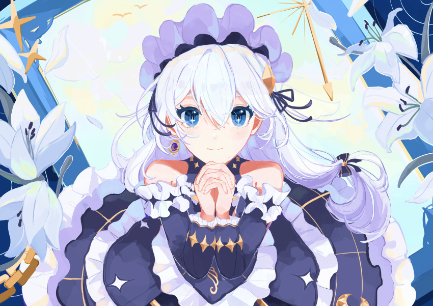 1girl, 8sayo7_(8sayo7honkai), absurdres, bare_shoulders, black_dress, black_sleeves, blue_eyes, closed_mouth, commentary_request, detached_sleeves, dress, eyebrows_hidden_by_hair, flower, frilled_dress, frilled_sleeves, frills, hair_between_eyes, highres, honkai_(series), honkai_impact_3rd, interlocked_fingers, long_hair, long_sleeves, looking_at_viewer, own_hands_clasped, own_hands_together, petals, sleeveless, sleeveless_dress, smile, solo, theresa_apocalypse, very_long_hair, white_flower, white_hair