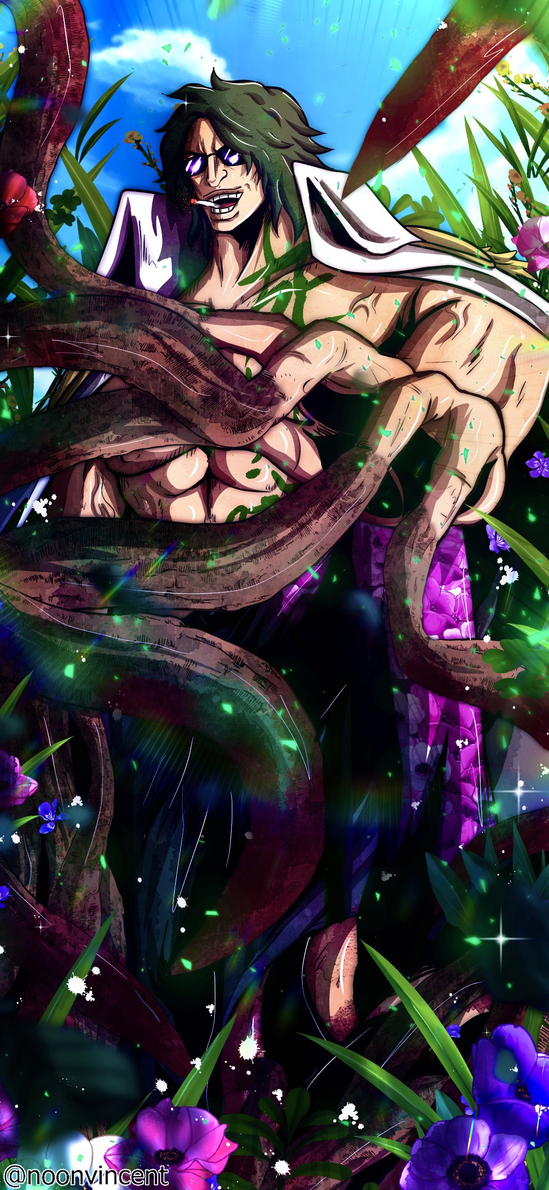 1boy, abs, absurdres, aramaki_(ryokugyu), artist_name, body_writing, chest_tattoo, cigarette, coat, coat_on_shoulders, day, devil_fruit, epaulettes, grass, green_hair, highres, military, military_uniform, muscular, muscular_male, noonvincent, one_piece, open_mouth, pants, plant, print_pants, short_hair, sky, smile, solo, standing, sunglasses, tattoo, teeth, uniform, vines